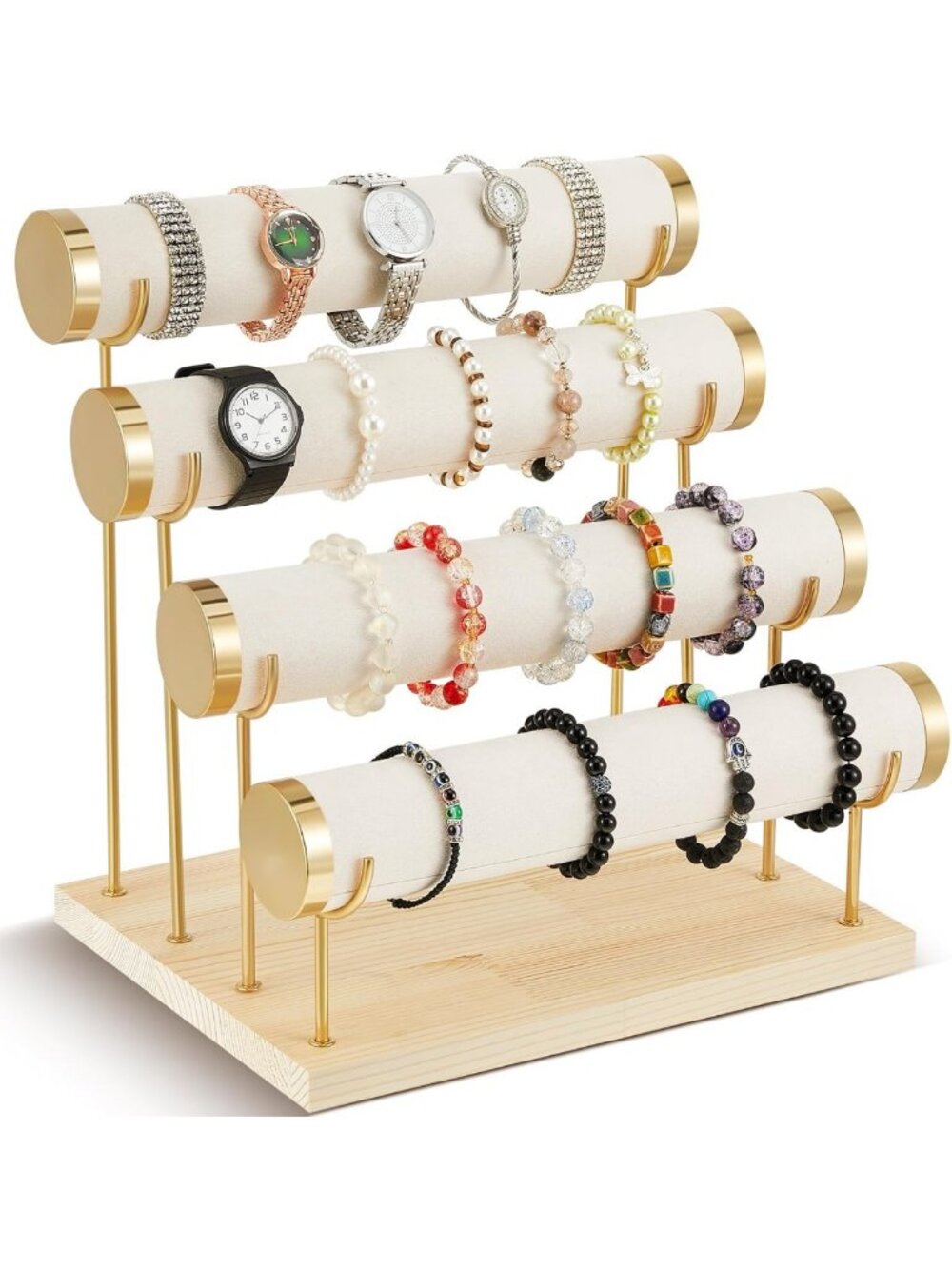 Elegant 4-Tier Velvet Jewelry Display Stand - Bracelet Organizer in Beige